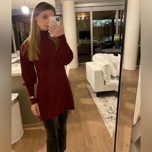 Zara burgundy red turtleneck knit sweater mini dress puff sleeve soft